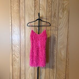 Hot Pink Textured Feathered Mini Slip Dress